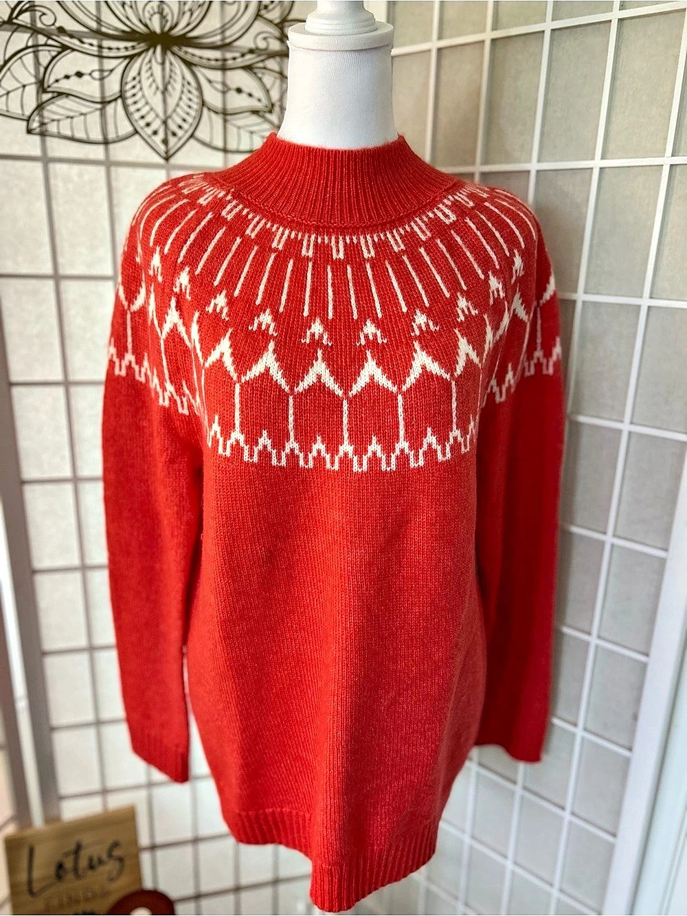 Talbots Petite Medium Orange Melon Fair Isle Sweater